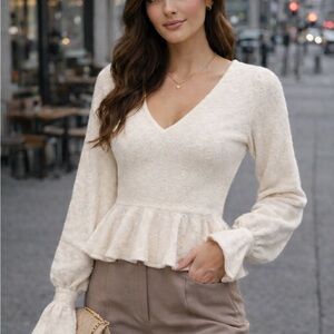 Blue Blush Ivory V-Neck Peplum Sweater